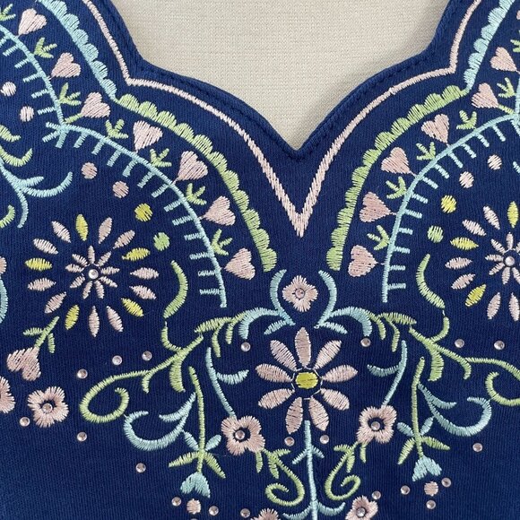 Quacker Factory Womens Plus 1X Embroidered 3/4 Sleeve Blue Top Shirt - Picture 3 of 11